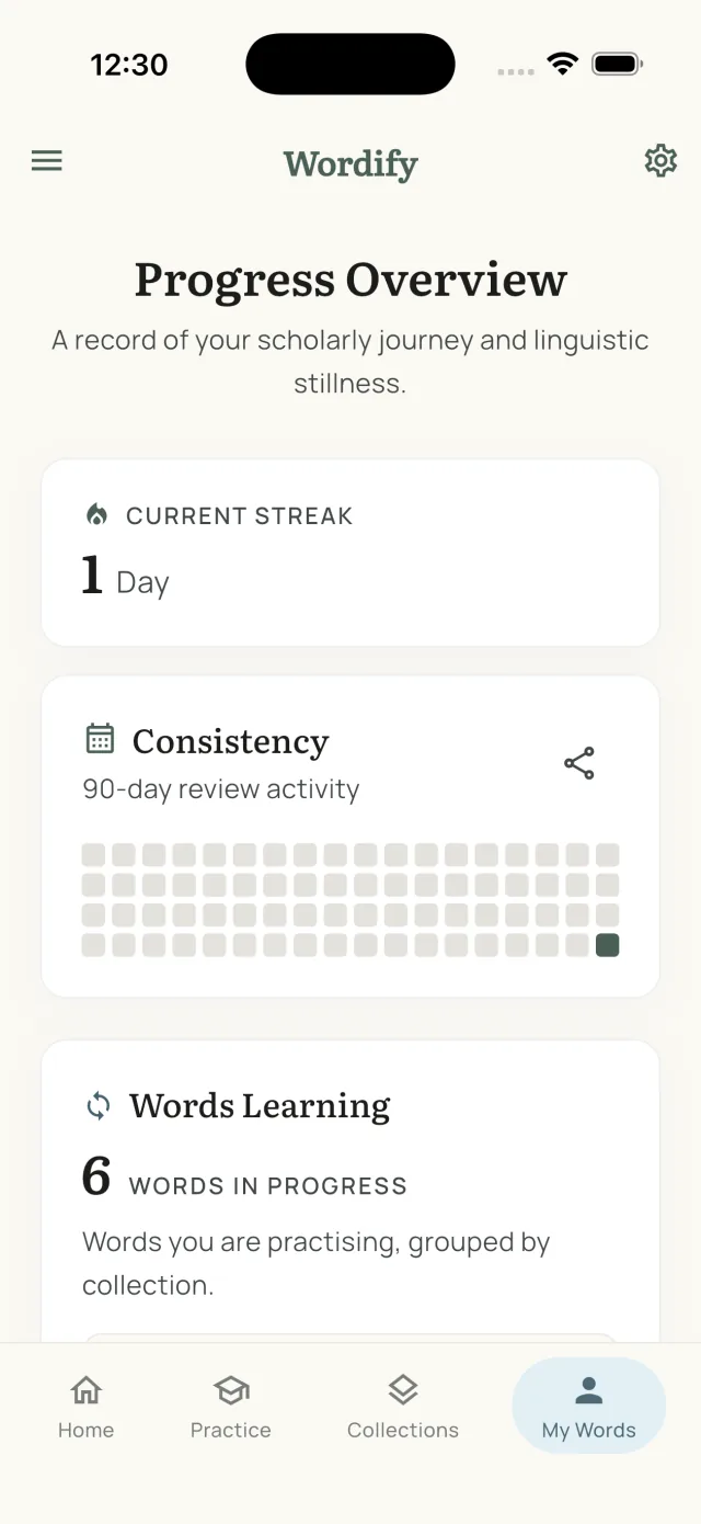 My Words screen with custom words, collections and activity heatmap