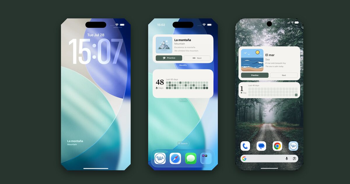 An iPhone lock screen widget, an iPhone home screen widget, and an Android home screen widget, all showing a vocabulary word