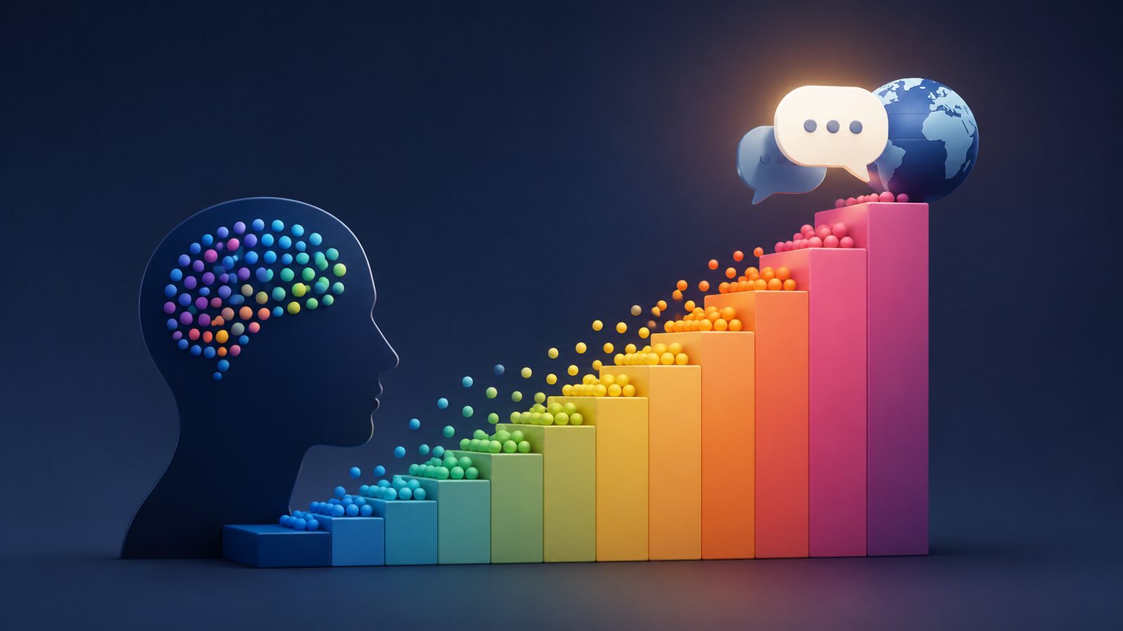 A head with a colorful brain beside a rising staircase of rainbow bars leading up to speech bubbles and a globe - a growing vocabulary building toward the ability to speak a language