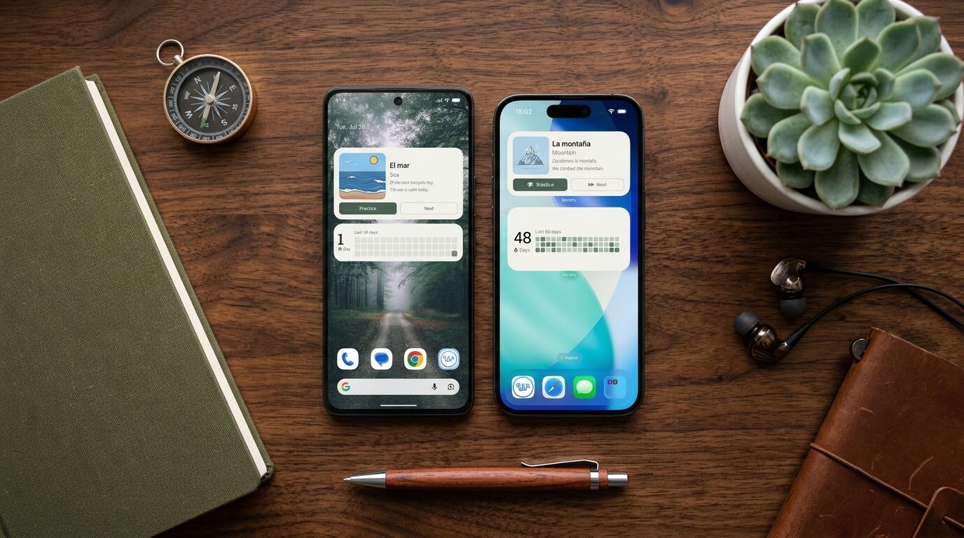 An Android phone and an iPhone on a wooden desk, both showing a Wordify word widget above a streak heatmap widget